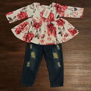 PatPat Girls 18-24 Months Floral Shirt and Distressed Jeans Outfit New With Tags